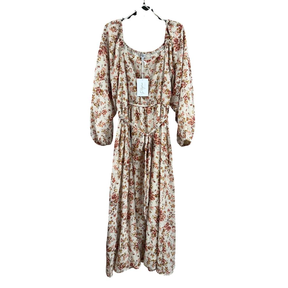Polagram Maxi Floral Hobo Dress Extra Flowy Sleeves with Tie String Belt NWT 2XL